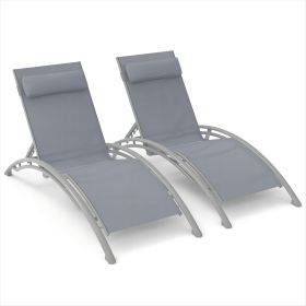 Outdoor Chaise Lounge Set of 2 Patio Recliner Chairs with Adjustable Backrest and Removable Pillow for Indoor&Outdoor Beach Pool Sunbathing Lawn (Gray