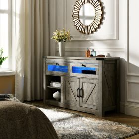 Modern wooden sideboard, kitchen buffet, built-in with adjustable laminate and LED lights, 2 drawers and a barn door, suitable for kitchen, dining roo