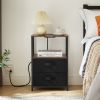 End Table with Charging Station, Nightstand with USB Port, Outlet and Fabric Bag, 2 Drawers & Open Storage Shelf Side Table, Sofa Cabinet for Living R