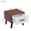U-Can Square End Table with 1 Drawer Adorned with Embossed Patterns, Wood Legs and Handles for Living Room, Brown+White