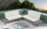 TOPMAX Outdoor 3-Piece Patio Furniture Set Solid Wood Sectional Sofa Set with Coffee Table Conversation Set with Side Table and Cushions, Grey+Beige
