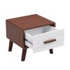 U-Can Square End Table with 1 Drawer Adorned with Embossed Patterns, Wood Legs and Handles for Living Room, Brown+White