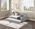 Twin Size Upholstered Daybed with Trundle,Sturdy Wood Bedframe w/ Bedframe Tufted Button & Copper Nail on Arms Design,Perfect for Bedroom,Guest Room F