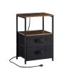 End Table with Charging Station, Nightstand with USB Port, Outlet and Fabric Bag, 2 Drawers & Open Storage Shelf Side Table, Sofa Cabinet for Living R