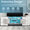 ON-TREND Unique Shape TV Stand with 2 Illuminated Glass Shelves, High Gloss Entertainment Center for TVs Up to 80", Versatile TV Cabinet with LED Colo