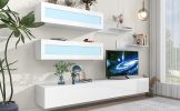 ON-TREND Wall Mount Floating TV Stand with Four Media Storage Cabinets and Two Shelves, Modern High Gloss Entertainment Center for 95+ Inch TV, 16-col