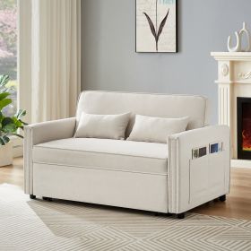 Modern Linen Convertible Loveseat Sleeper Sofa Couch with Adjustable Backrest, 2 Seater Sofa With Pull-Out Bed with 2 Lumbar Pillows For Small Living (Color: as Pic)