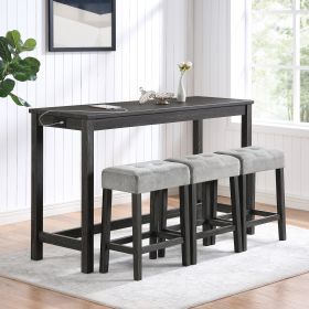 Bar Table Set with Power Outlet, Bar Table and Chairs Set, 4 Piece Dining Table Set, Industrial Breakfast Table Set, for Living Room, Dining Room, Gam (Color: as Pic)
