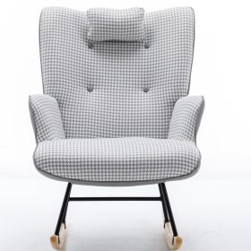 35.5 inch Rocking Chair, Soft Houndstooth Fabric Leather Fabric Rocking Chair for Nursery, Comfy Wingback Glider Rocker with Safe Solid Wood Base for (Color: LIGHT GREY)
