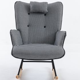 35.5 inch Rocking Chair, Soft Houndstooth Fabric Leather Fabric Rocking Chair for Nursery, Comfy Wingback Glider Rocker with Safe Solid Wood Base for (Color: Black)