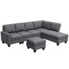 Modern L-shaped Sectional Sofa,7-seat Linen Fabric Couch Set with Chaise Lounge and Convertible Ottoman for Living