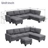 Modern L-shaped Sectional Sofa,7-seat Linen Fabric Couch Set with Chaise Lounge and Convertible Ottoman for Living