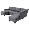 Modern L-shaped Sectional Sofa,7-seat Linen Fabric Couch Set with Chaise Lounge and Convertible Ottoman for Living